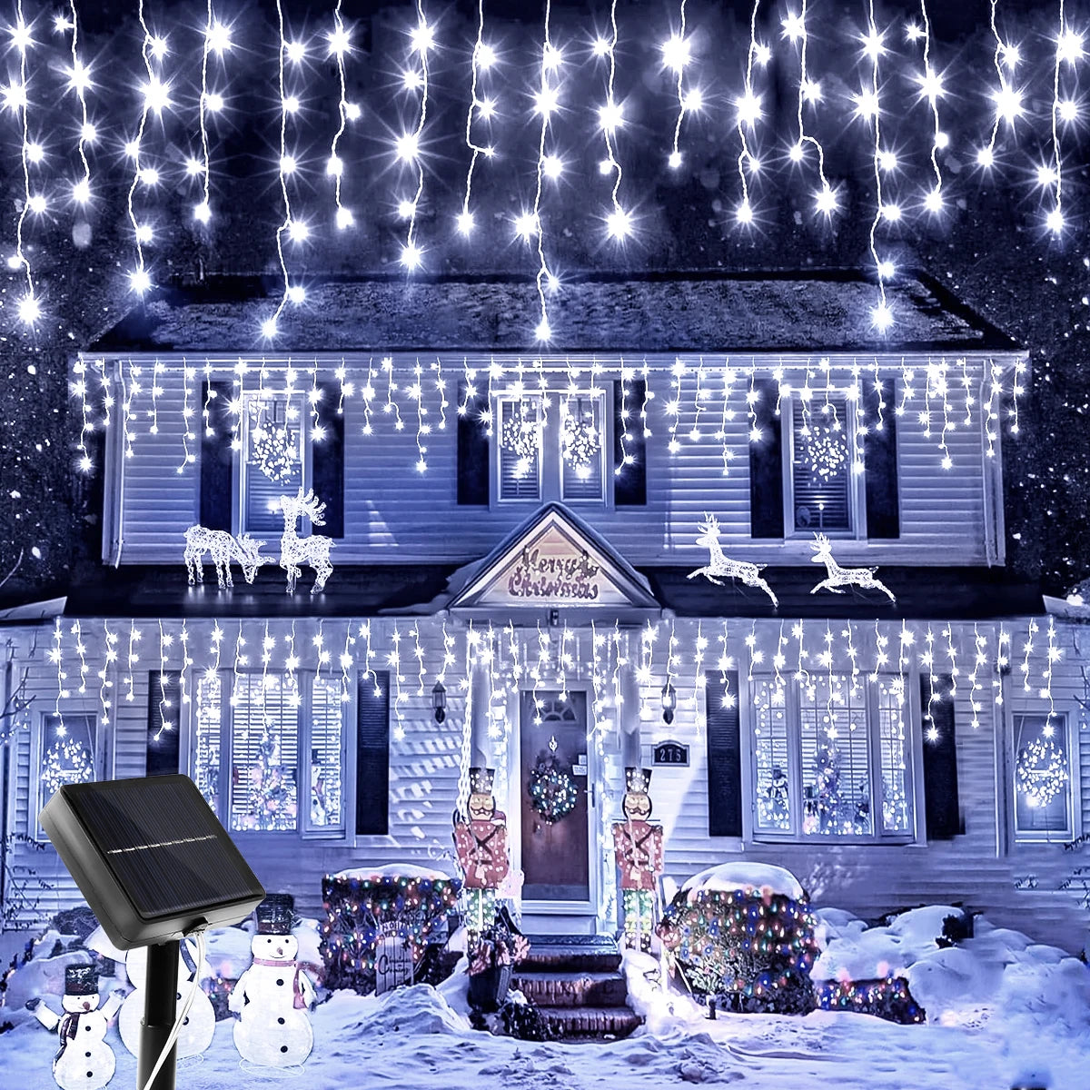 NEW Solar Christmas Icicle Lights 162/96 LED 8 Modes Waterproof Curtain String Lights for Outdoor Garden Room Holiday Lighting