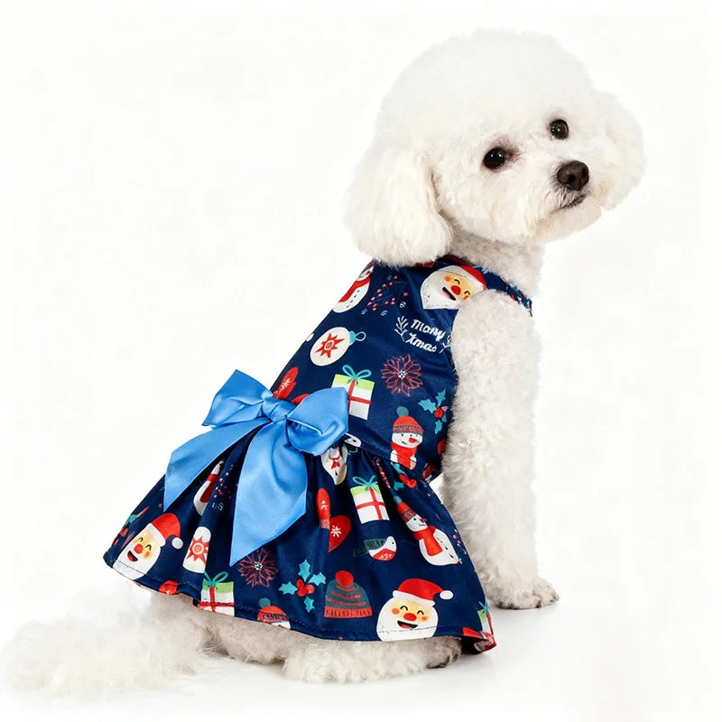 Christmas Dog Dress with Bow, Festive Printed Pet Skirt, Lightweight Holiday Outfit, Sizes M–6XL for Small to Large Dogs