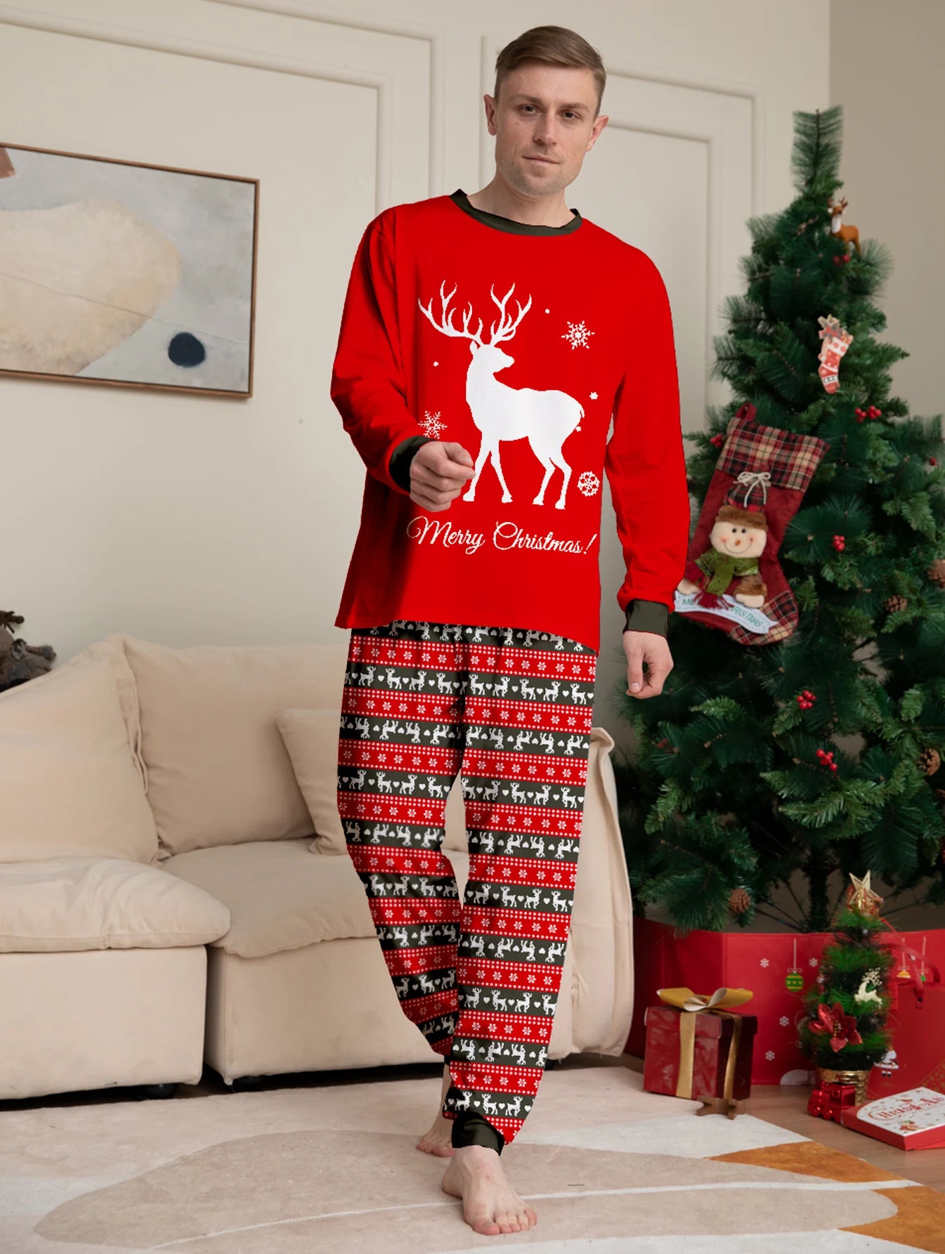 New Christmas Couple Pajamas Reindeer Merry Xmas Graphic Red Long Sleeve Set with Nordic Pattern Pants