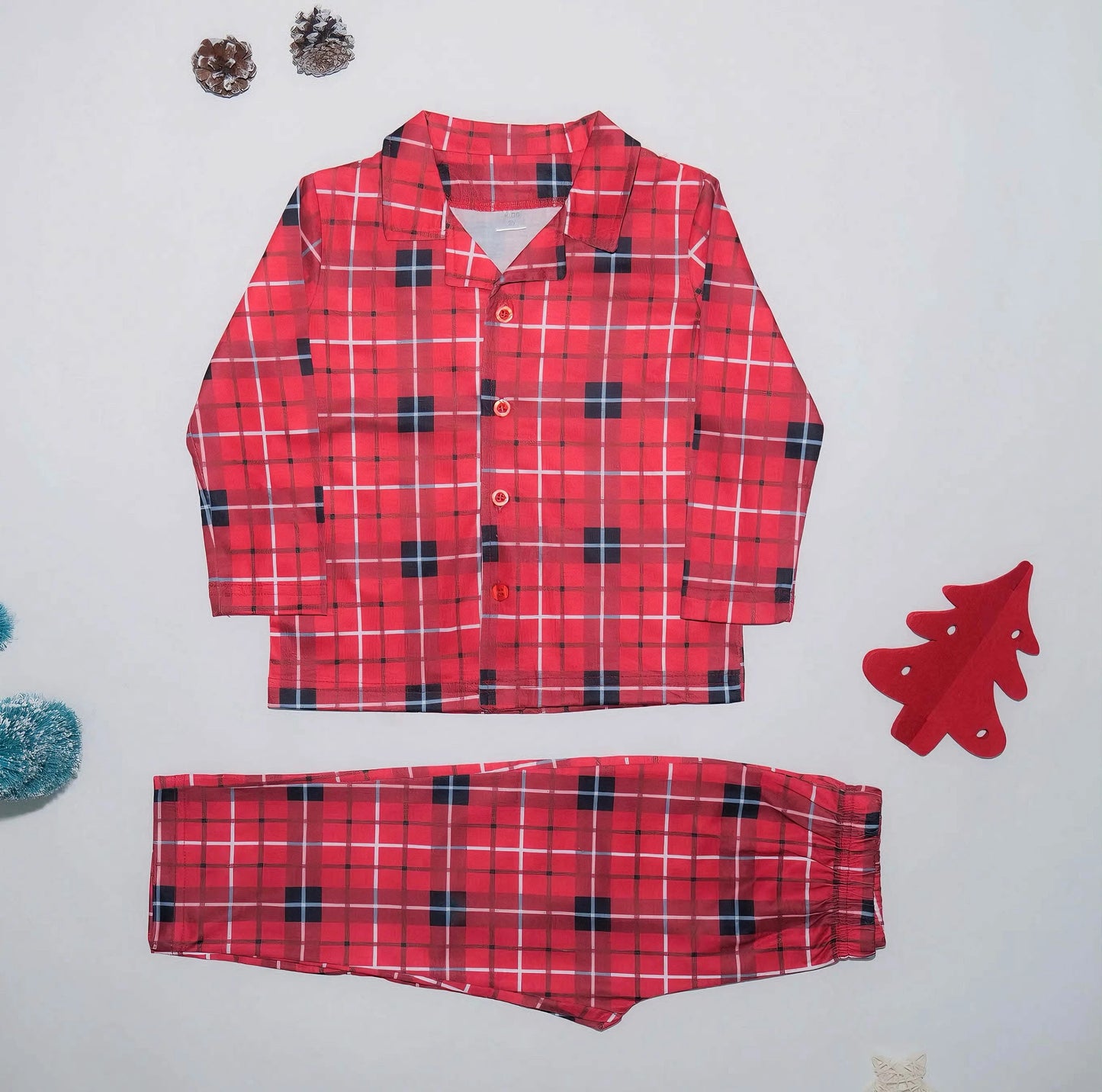 Christmas Pajama Set: Red checkered printed shirt + long pants 2-piece set, baby and dog jumpsuit for Christmas