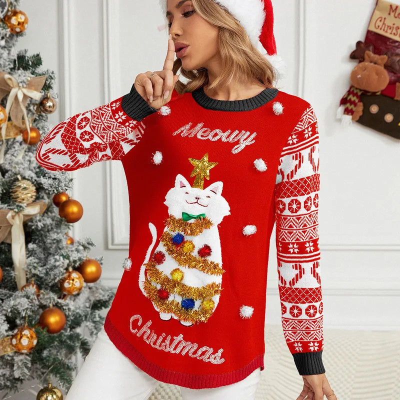 Sweater Women Christmas 2024 Ugly Sweater New Cartoon Cat Print O-Neck Autumn Winter Thick Loose Knitwears Tops Xmas Pullover