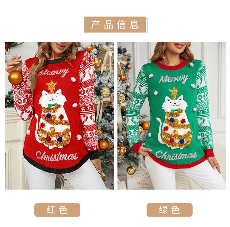 Sweater Women Christmas 2024 Ugly Sweater New Cartoon Cat Print O-Neck Autumn Winter Thick Loose Knitwears Tops Xmas Pullover