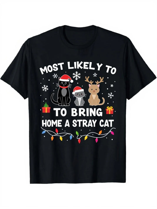 The Most Likely Christmas T-Shirt to Bring a Stray Cat Home with You — Fun Cat Lover Christmas T-Shirt, Decorated with Santa Claus Kittens and Reindeer Designs, Unisex Short Sleeves