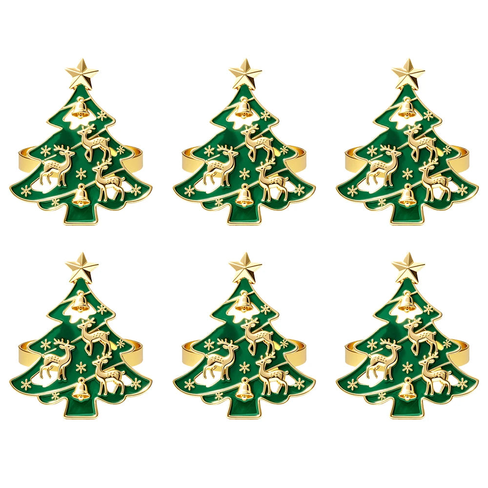 6Pcs Christmas Tree Napkin Rings with Deer Snowflake Bell ,Festive Table Decor for New Year Wedding Family Dinner Party Supplies