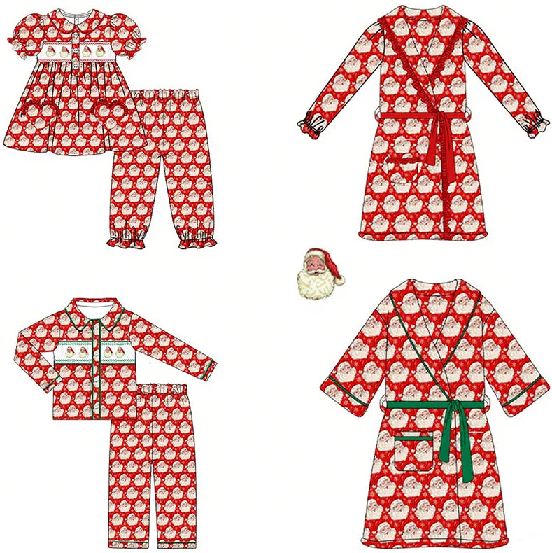 Boutique Children's Outfits Christmas Pajamas Robe Red Santa Claus Print Boys Girls Pyjamas Set Matching Robe