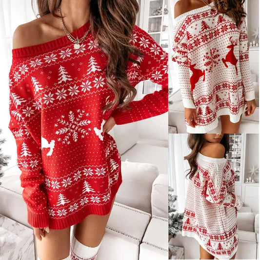 Christmas Fashion Print Knitted Slanted Neck Sweater Long Sleeve Autumn And Winter Versatile Long Pullover Pull En Maille Femme