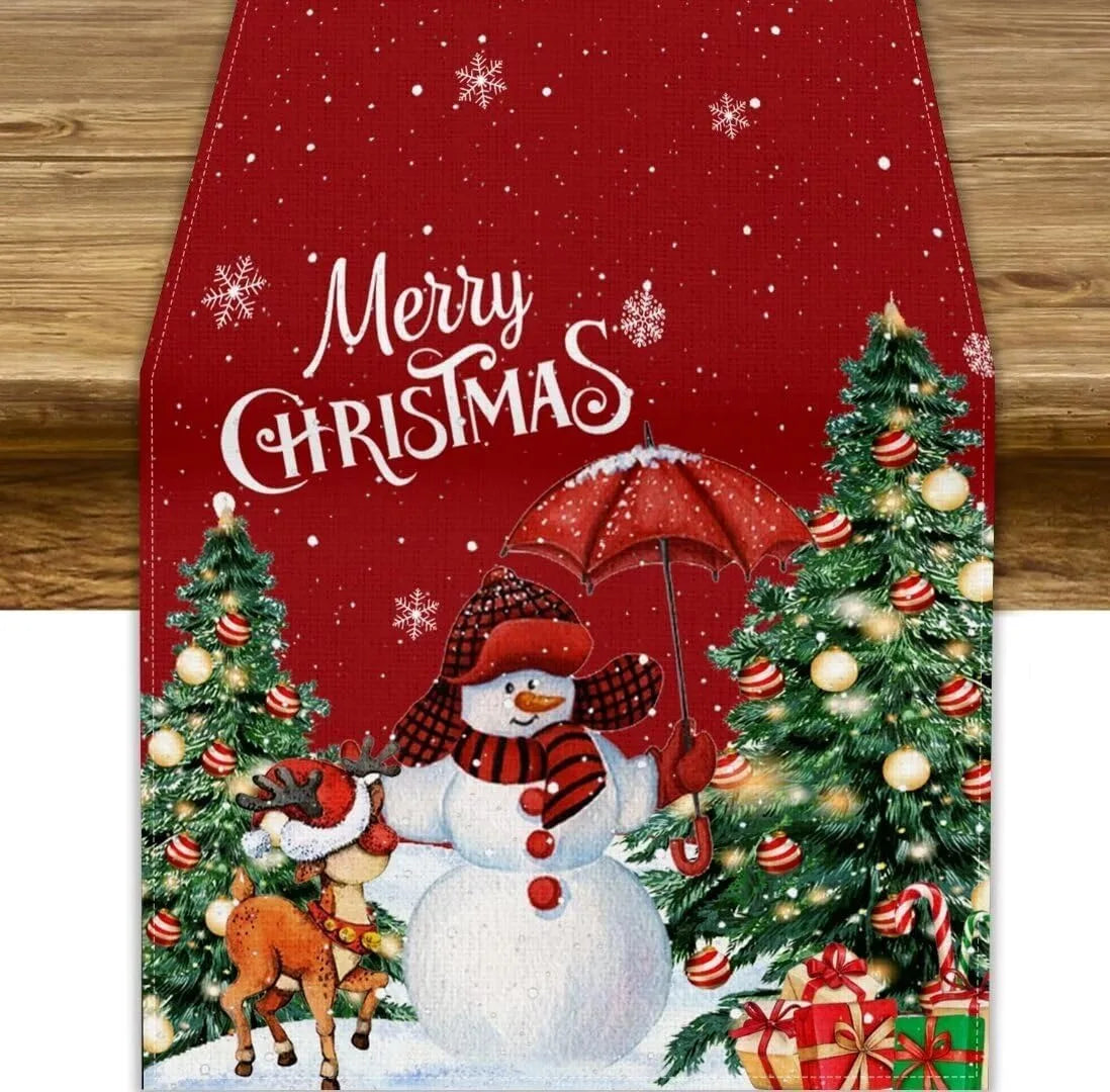 Festive Christmas table flag: Snowman, Reindeer & Decorated Trees New Year home party decoration