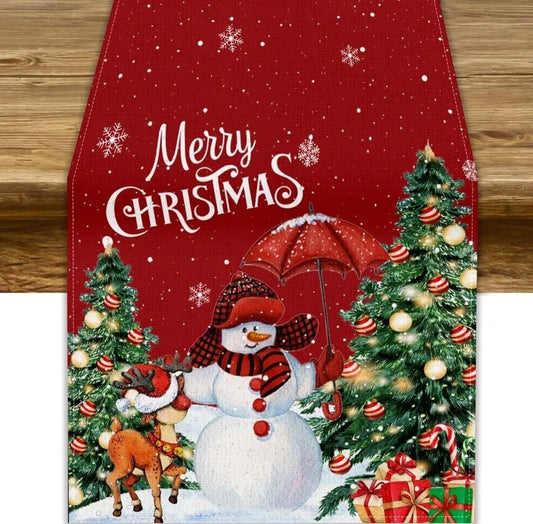 Festive Christmas table flag: Snowman, Reindeer & Decorated Trees New Year home party decoration