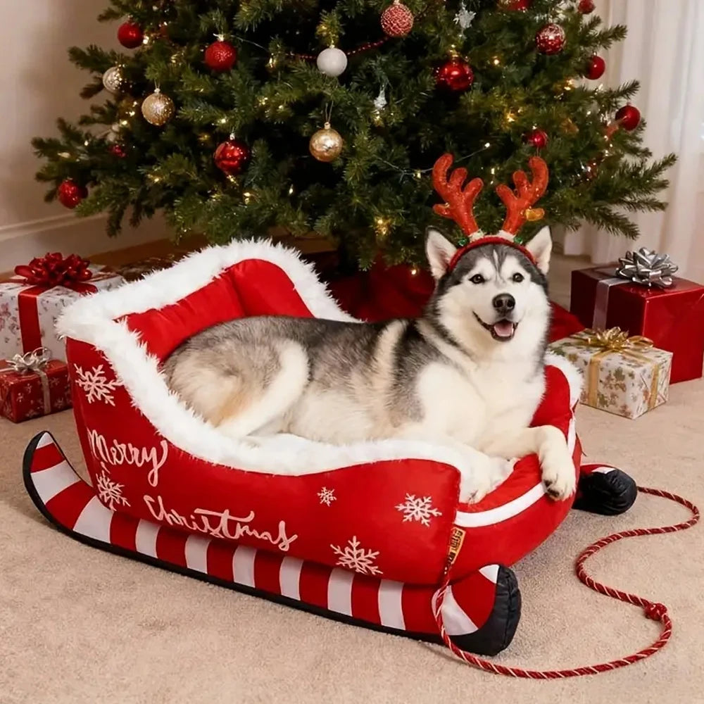 Christmas Sleigh Bed  Removable Washable Plush Pet Warm Sofa with Non-Slip Base Christmas Cat Dog Nest for Winter Indoor Outdoor