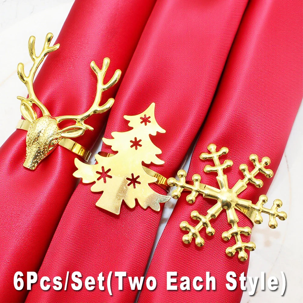 6Pcs Christmas Napkin Rings Gold Metal Snowflake Deer Serviette Buckle Xmas Tree Napkin Holder for Home Christmas Table Decor