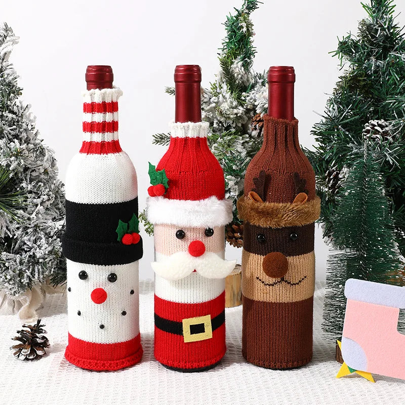 Knitted Christmas Wine Bottle Covers Santa Snowman Design Acrylic Champagne Holder for Holiday Party Table Decorations Gift