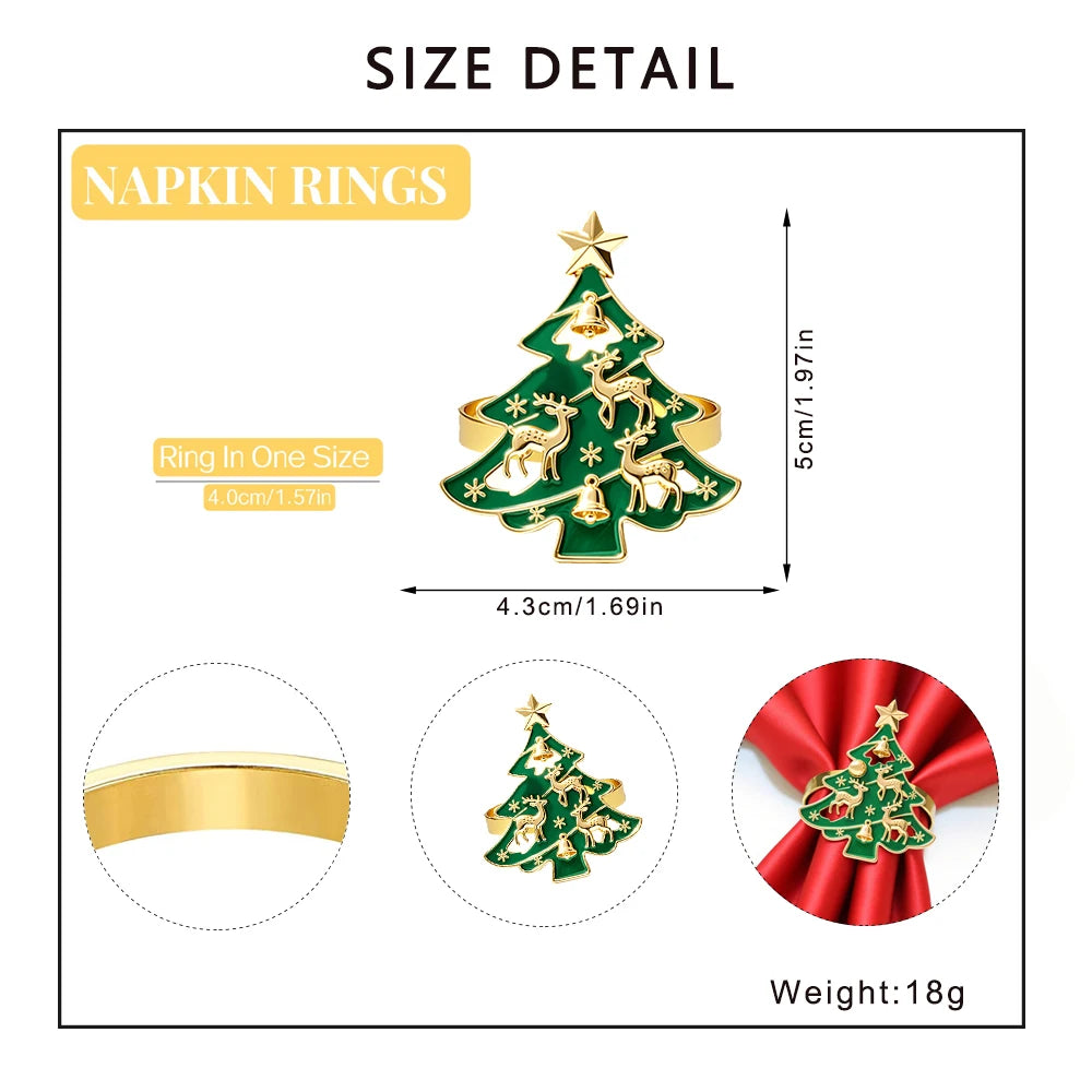 6Pcs Christmas Tree Napkin Rings with Deer Snowflake Bell ,Festive Table Decor for New Year Wedding Family Dinner Party Supplies