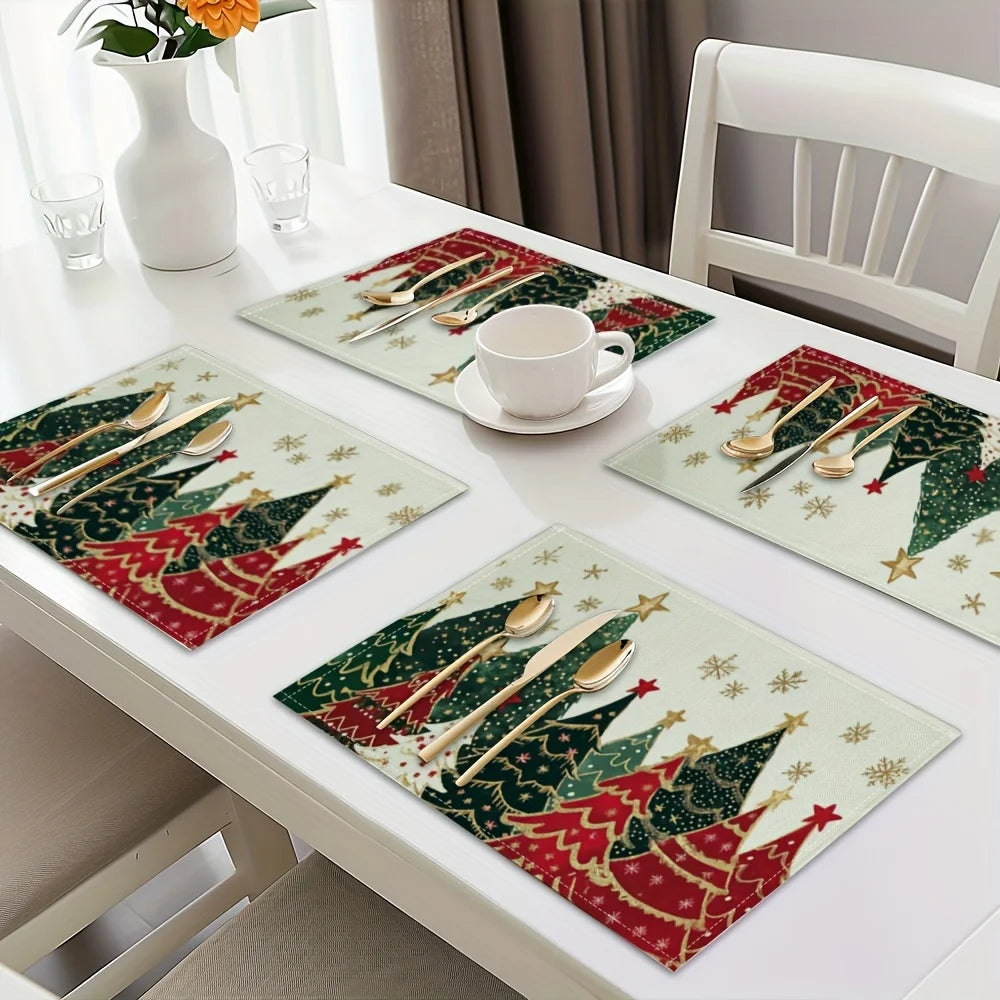 Christmas Xmas Tree Snowflake Linen Placemats Set Table Decor Winter Holiday Kitchen Dining Place Mats Christmas Decorations