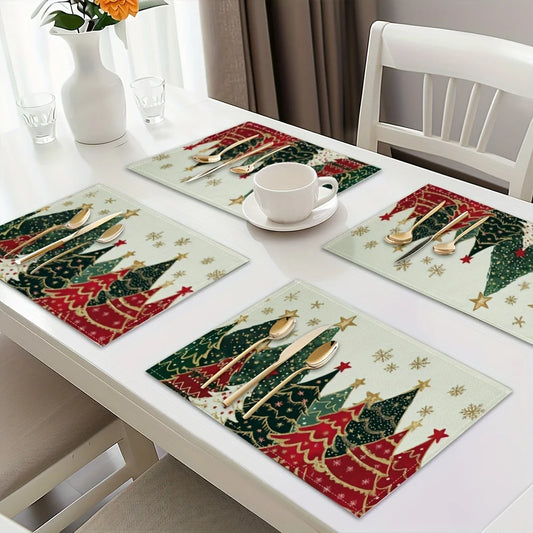 Christmas Xmas Tree Snowflake Linen Placemats Set Table Decor Winter Holiday Kitchen Dining Place Mats Christmas Decorations
