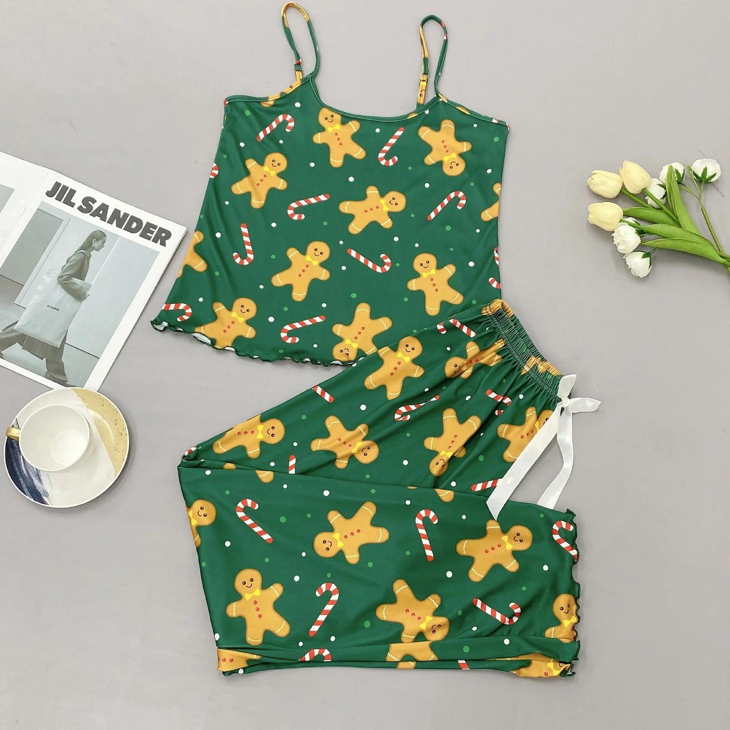 Women Christmas Pajamas Set Sleepwear Nightwear 2 Piece Santa Claus Snow Man Printed Crop Tops and Pants Sets Homewear