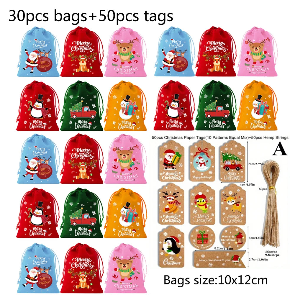 1/6/30pcs Christmas Velvet Drawstring Candy Gift Bag Small Wrapping Bag for Present Party Biscuit Jewelry Pouch New Year Storage