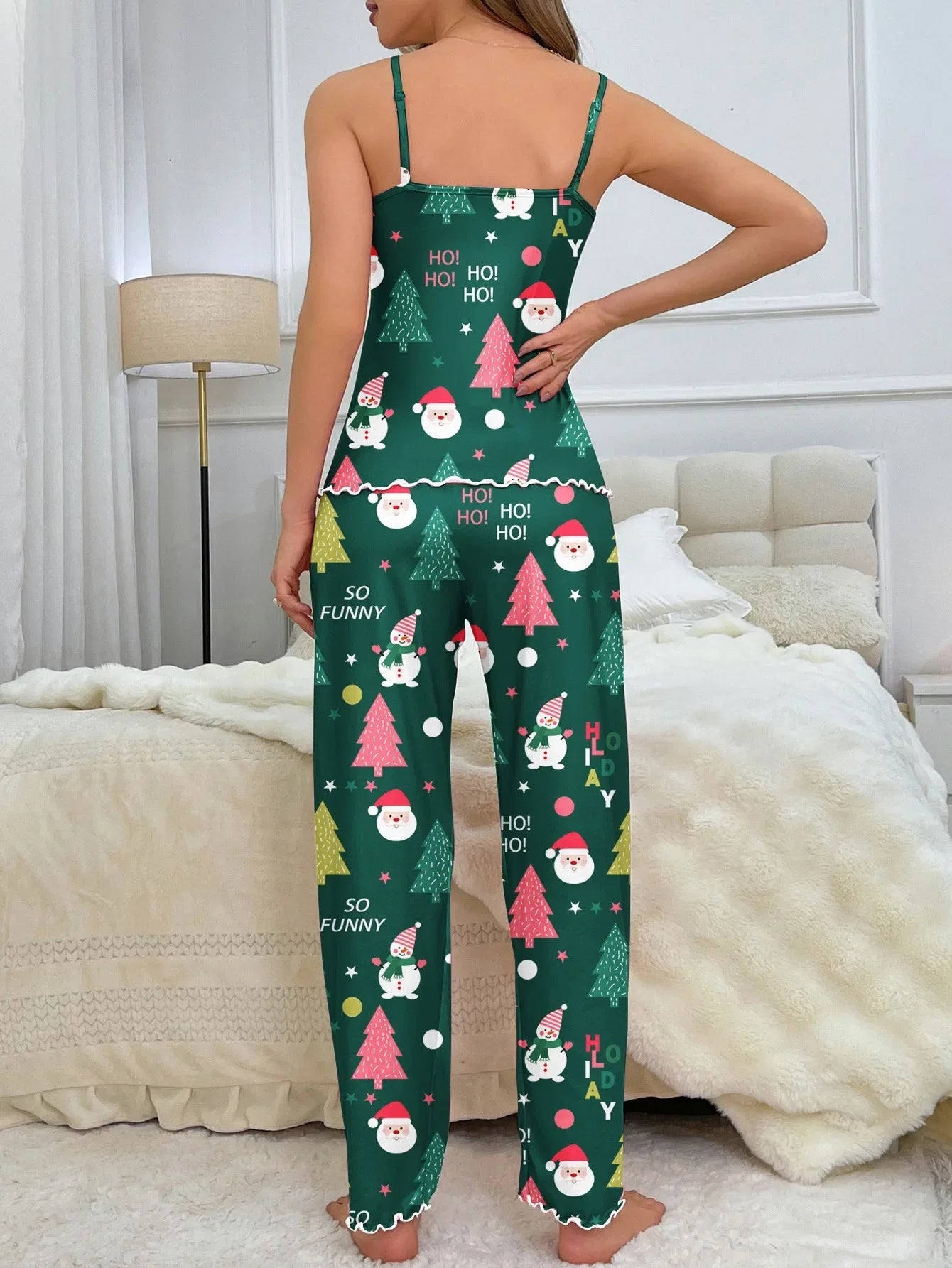 Women Christmas Pajamas Set Sleepwear Nightwear 2 Piece Santa Claus Snow Man Printed Crop Tops and Pants Sets Homewear