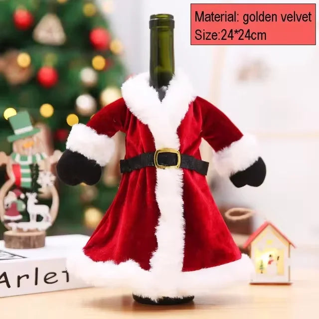 Christmas Wine Bottle Decoration Set – Gold Velvet Dress Bottle Sleeve