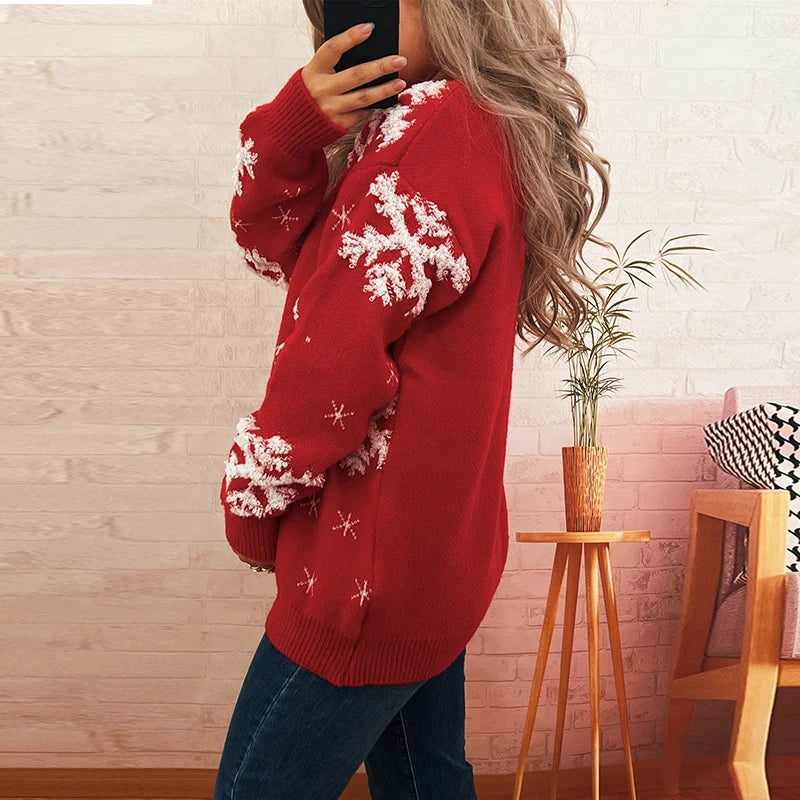 Christmas Sweater For Women Casual O Neck Long Sleeve Snowflake Printed Knitted Printed Sweater Women Pullover