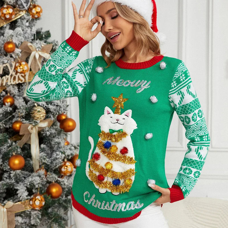 Sweater Women Christmas 2024 Ugly Sweater New Cartoon Cat Print O-Neck Autumn Winter Thick Loose Knitwears Tops Xmas Pullover