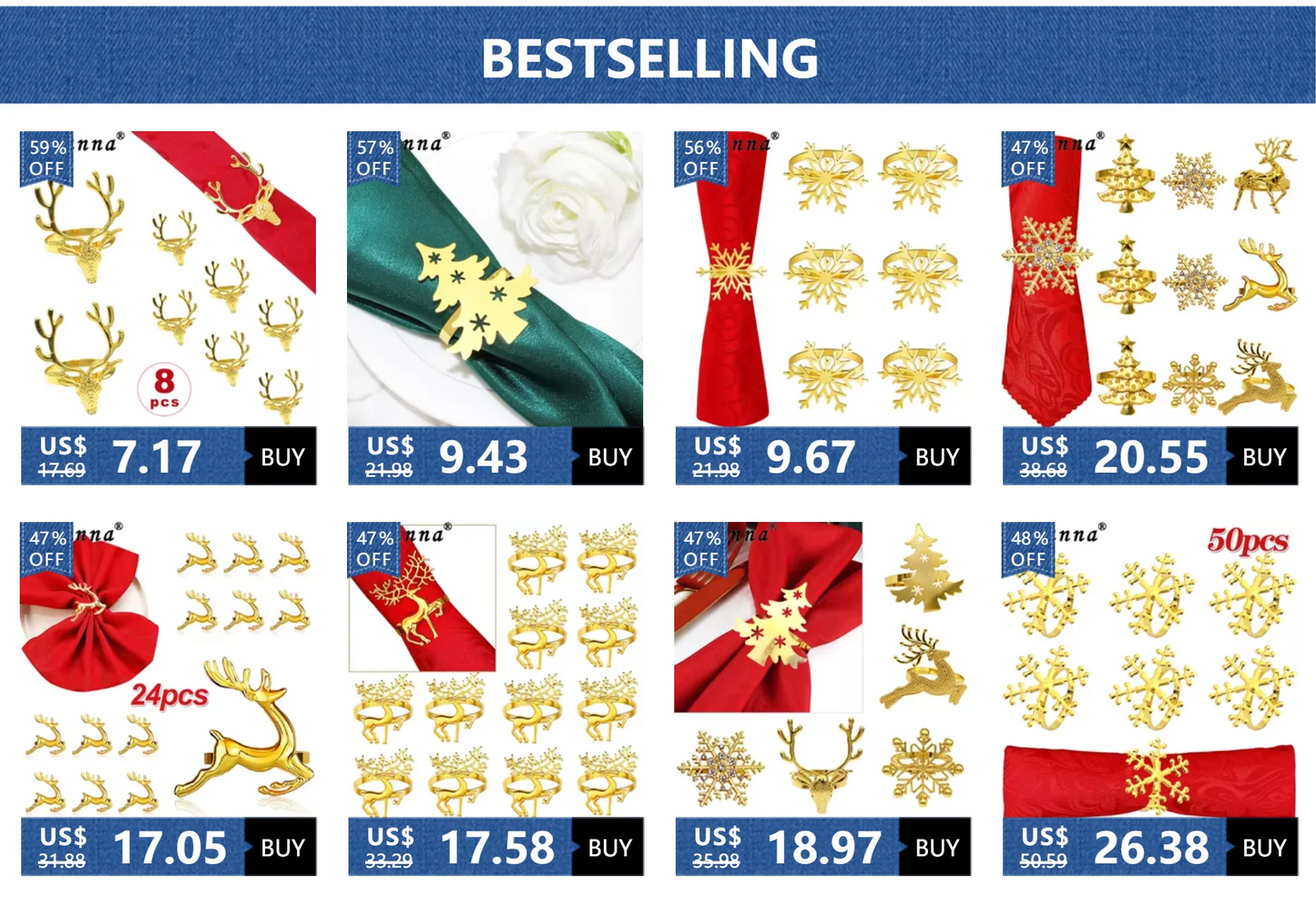 6Pcs Christmas Tree Napkin Rings with Deer Snowflake Bell ,Festive Table Decor for New Year Wedding Family Dinner Party Supplies