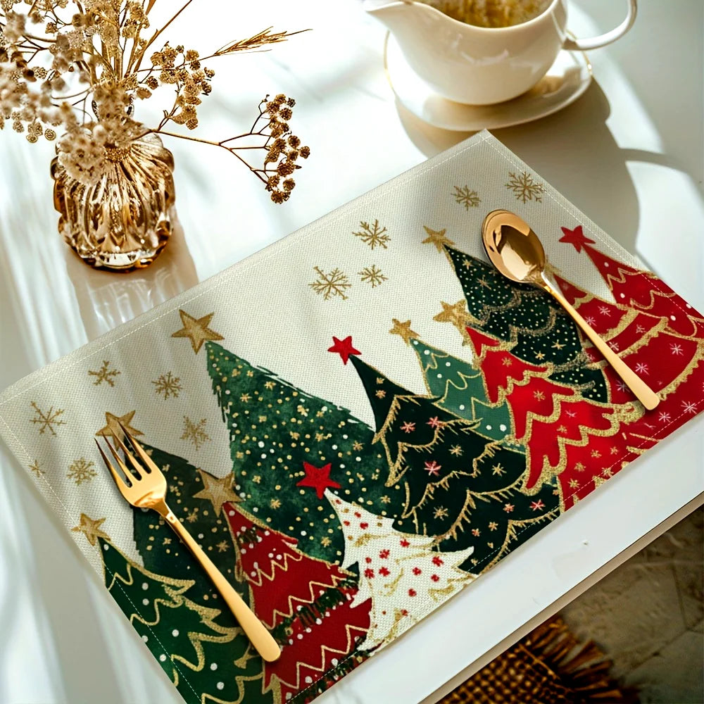 Christmas Xmas Tree Snowflake Linen Placemats Set Table Decor Winter Holiday Kitchen Dining Place Mats Christmas Decorations