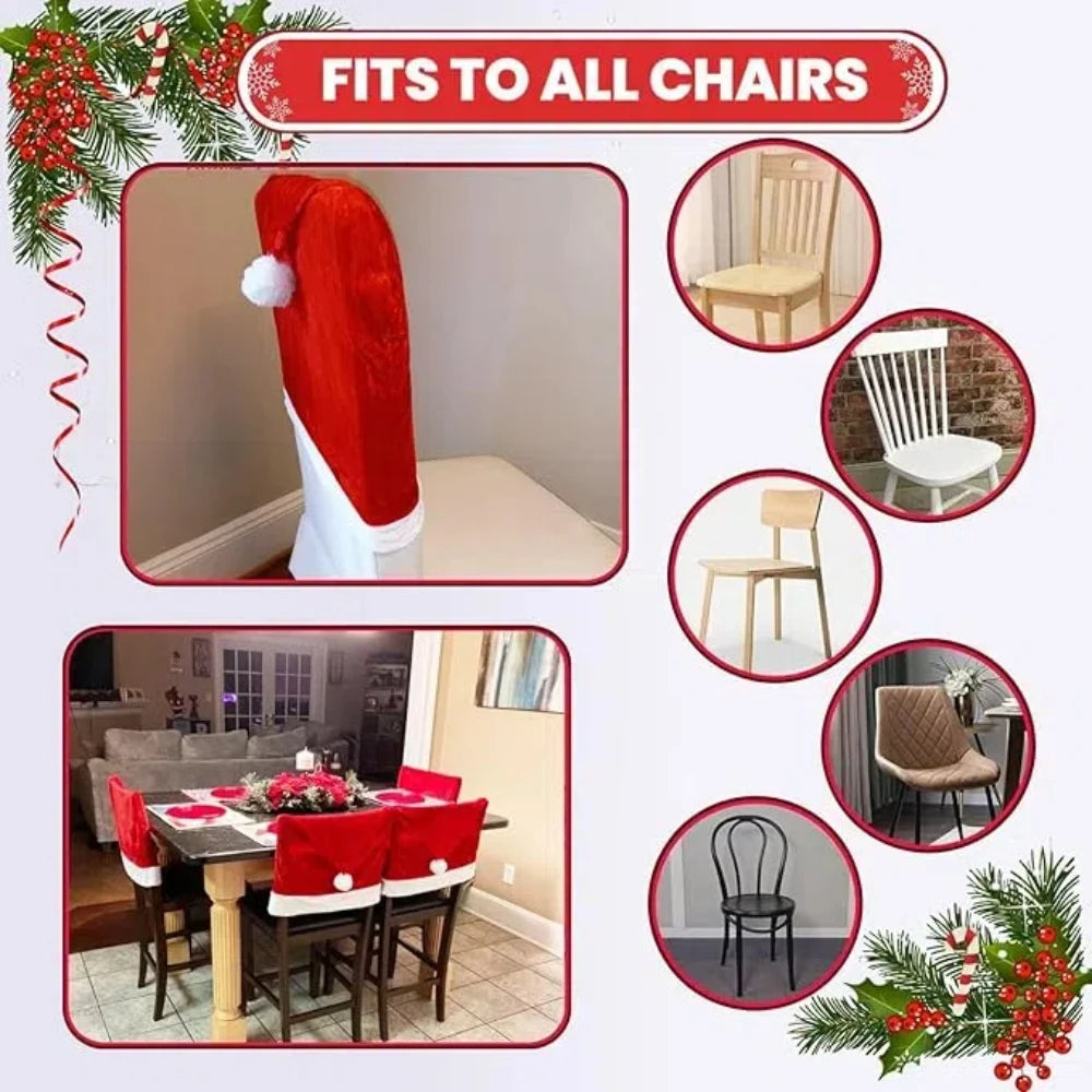 1-6PCS Christmas Decor Chair Covers Santa Claus Red Hat Chair Cap Kitchen Dining Chair Slipcovers Sets For Christmas Holiday