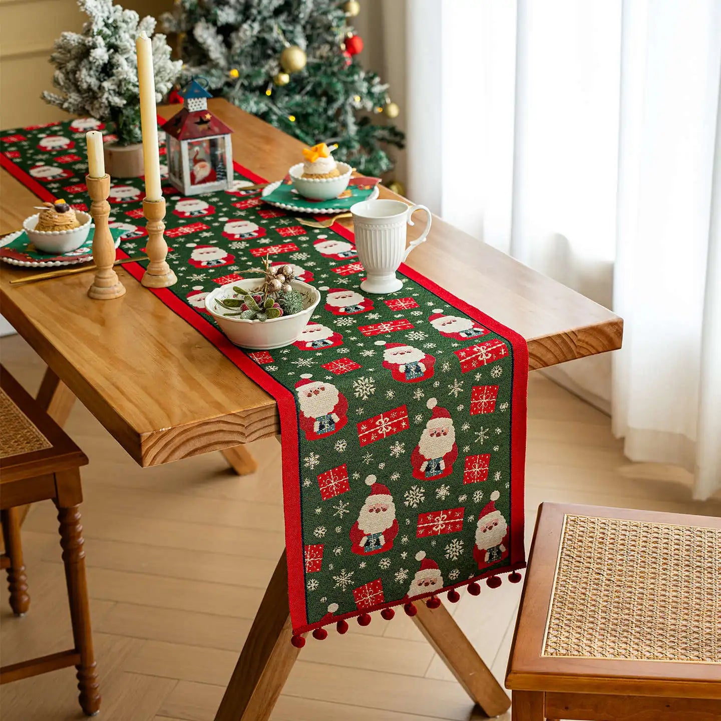 Retro Christmas Cotton and Linen Jacquard Table Runner Santa Claus Jacquard Long Table Runners Tv Cabinet Tablecloth Party Decor