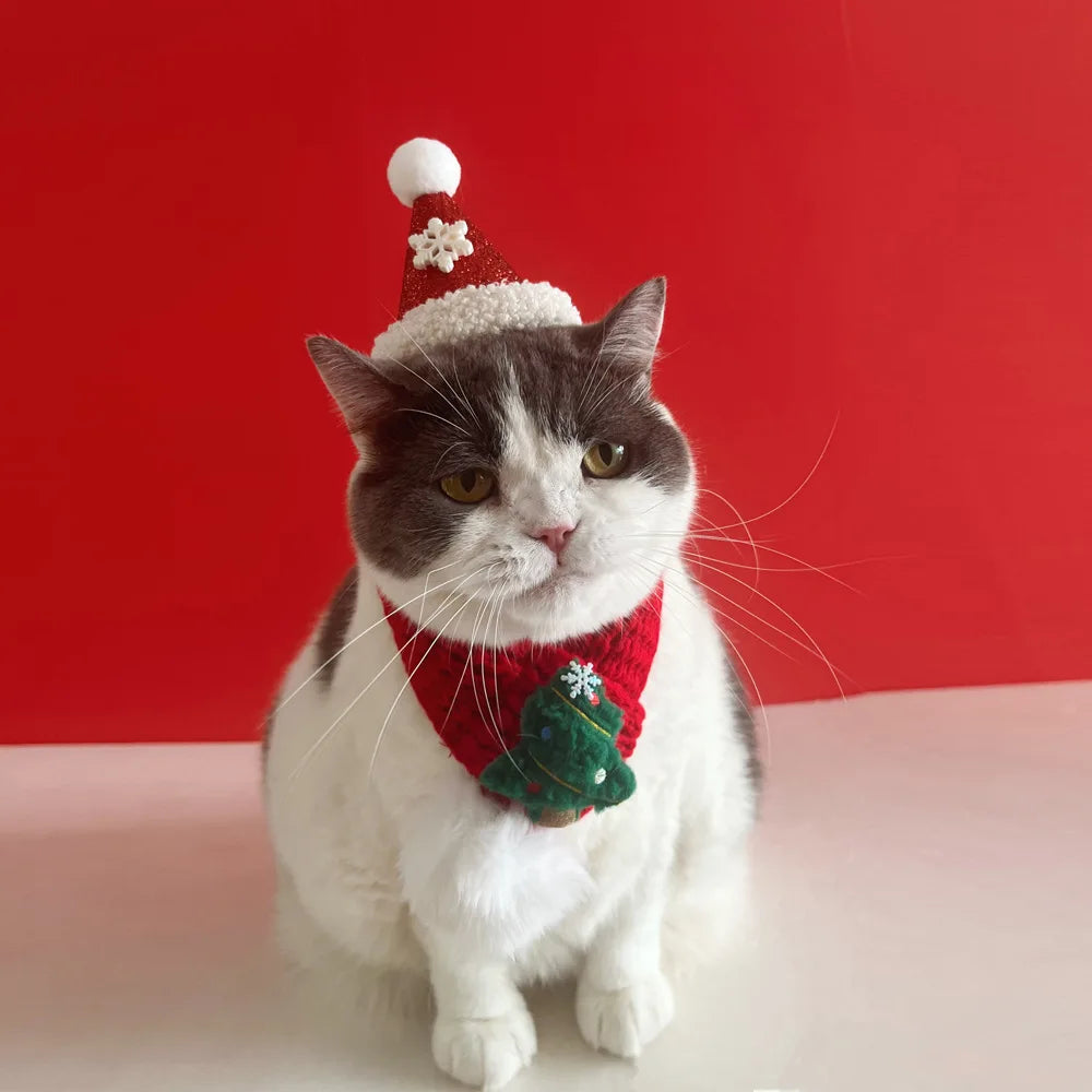 Christmas Cat Hat Cat Knitted Scarf Set Soft Winter Christmas Soft Santa Claus Costume Scarf For Dog Cats Pet Xmas Cat Supplies
