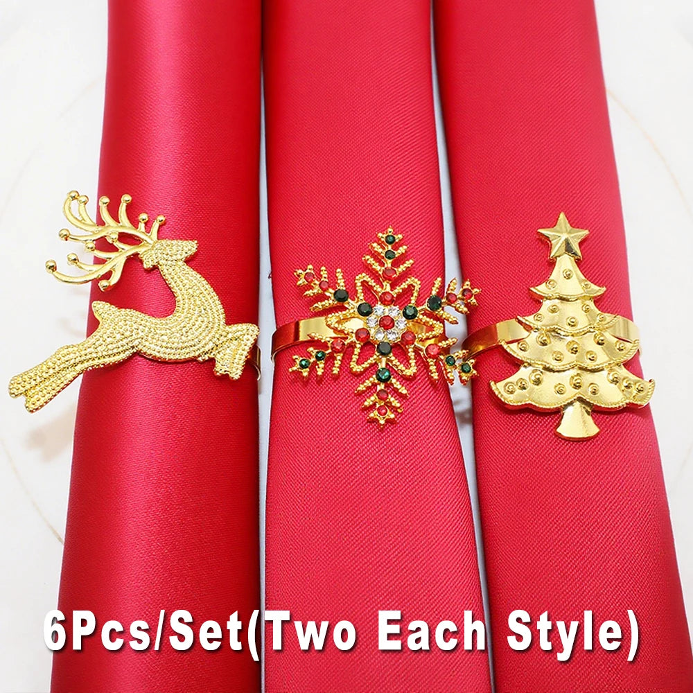 6Pcs Christmas Napkin Rings Gold Metal Snowflake Deer Serviette Buckle Xmas Tree Napkin Holder for Home Christmas Table Decor