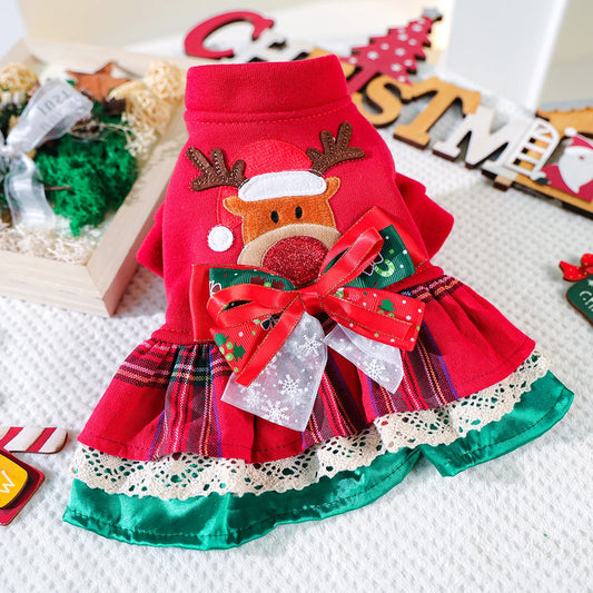 Pet Clothes Snowflake Elk Christmas Dress Red Winter Thickened Clothing Christmas Costume with Bow Decoration