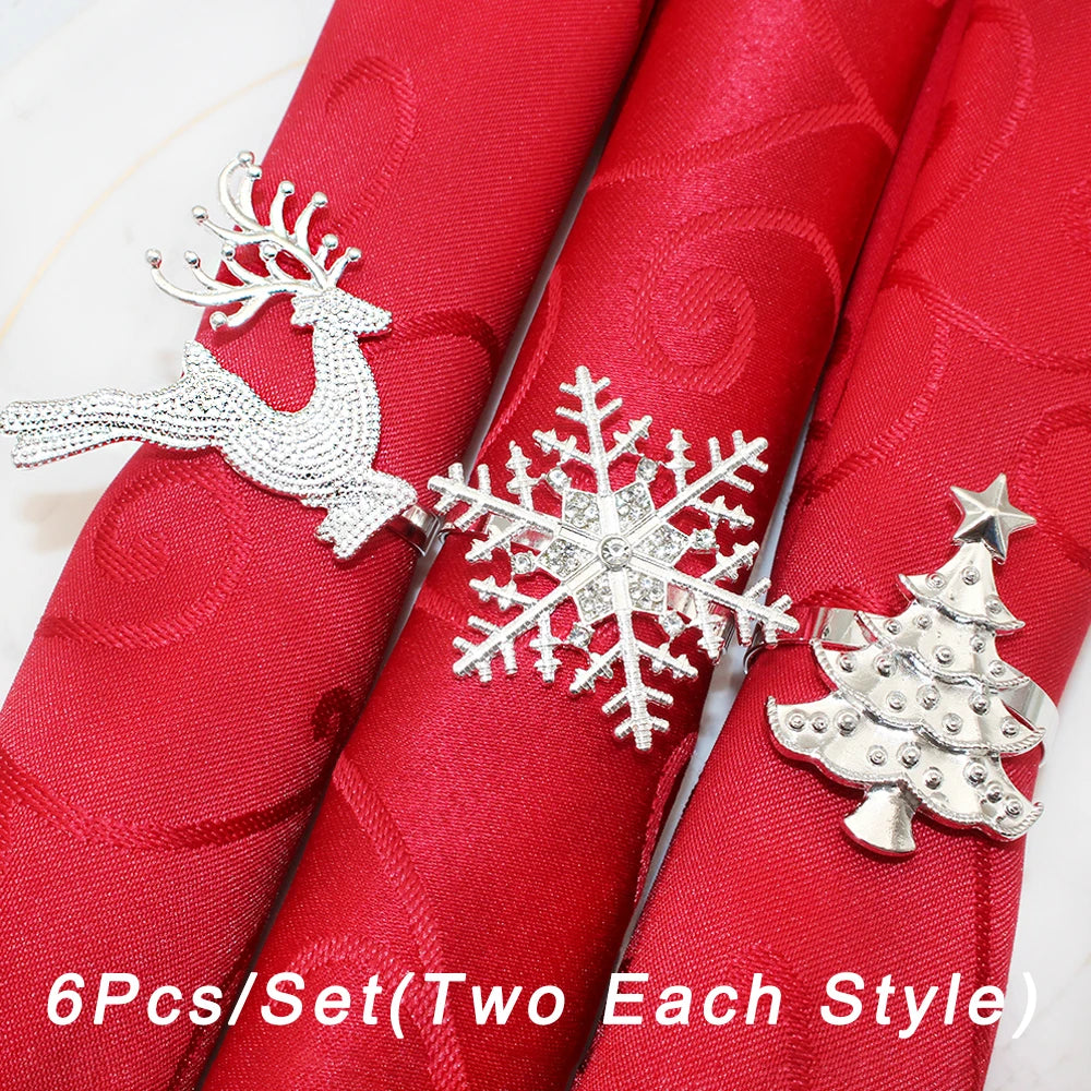 6Pcs Christmas Napkin Rings Gold Metal Snowflake Deer Serviette Buckle Xmas Tree Napkin Holder for Home Christmas Table Decor