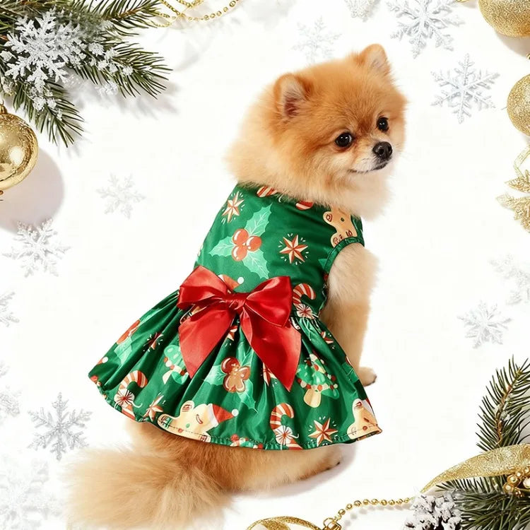 Christmas Pet Clothes Round Neck Sleeveless Printed Dress Santa Claus Snowflake for Small Medium Large Dogs New Year Present