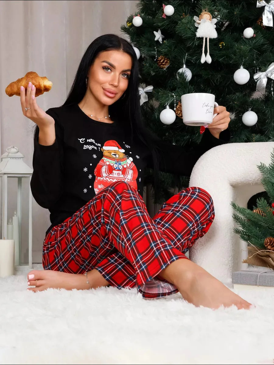 Women’s Christmas Pajama Set – Long Sleeve Top & Plaid Pants