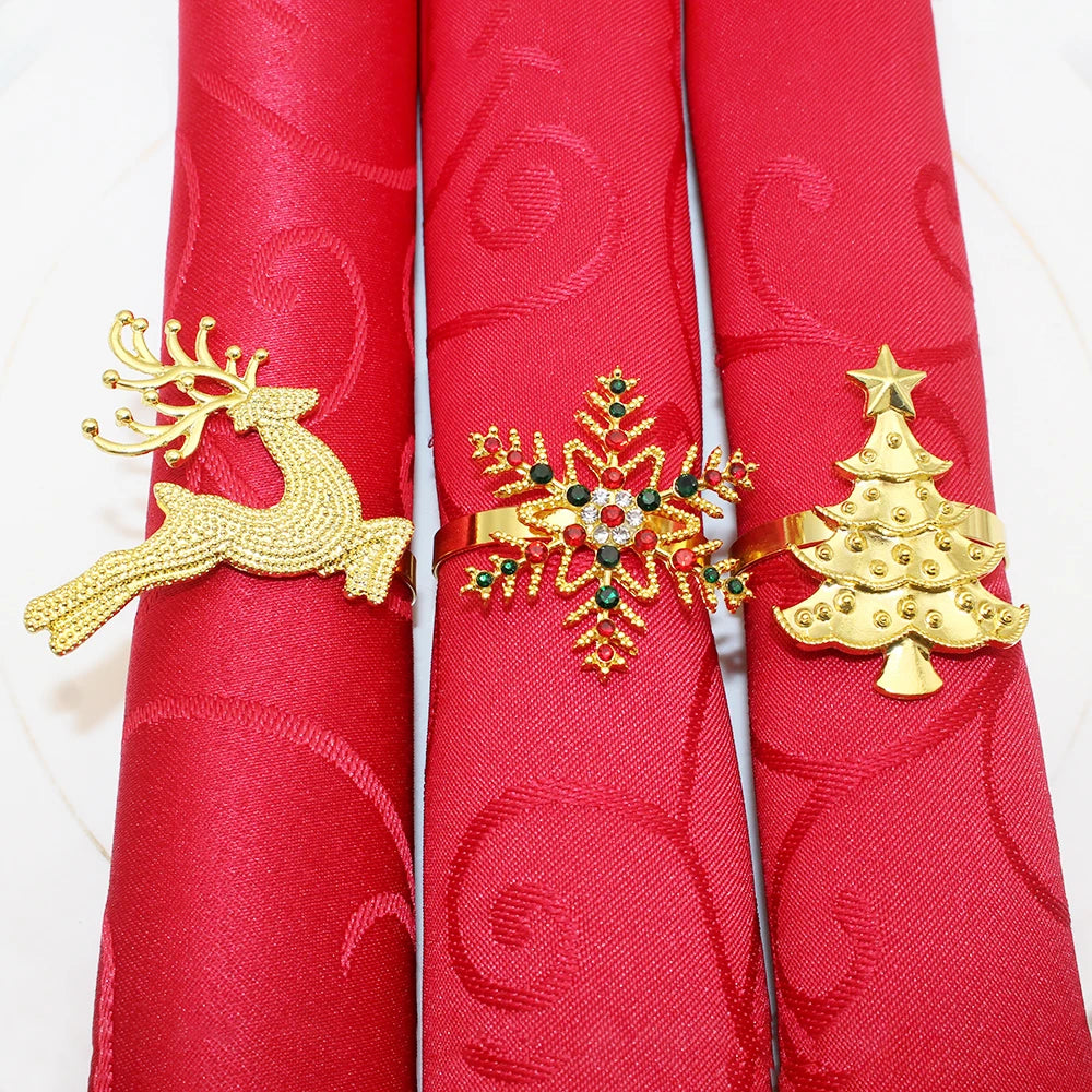 6Pcs Christmas Napkin Rings Gold Metal Snowflake Deer Serviette Buckle Xmas Tree Napkin Holder for Home Christmas Table Decor