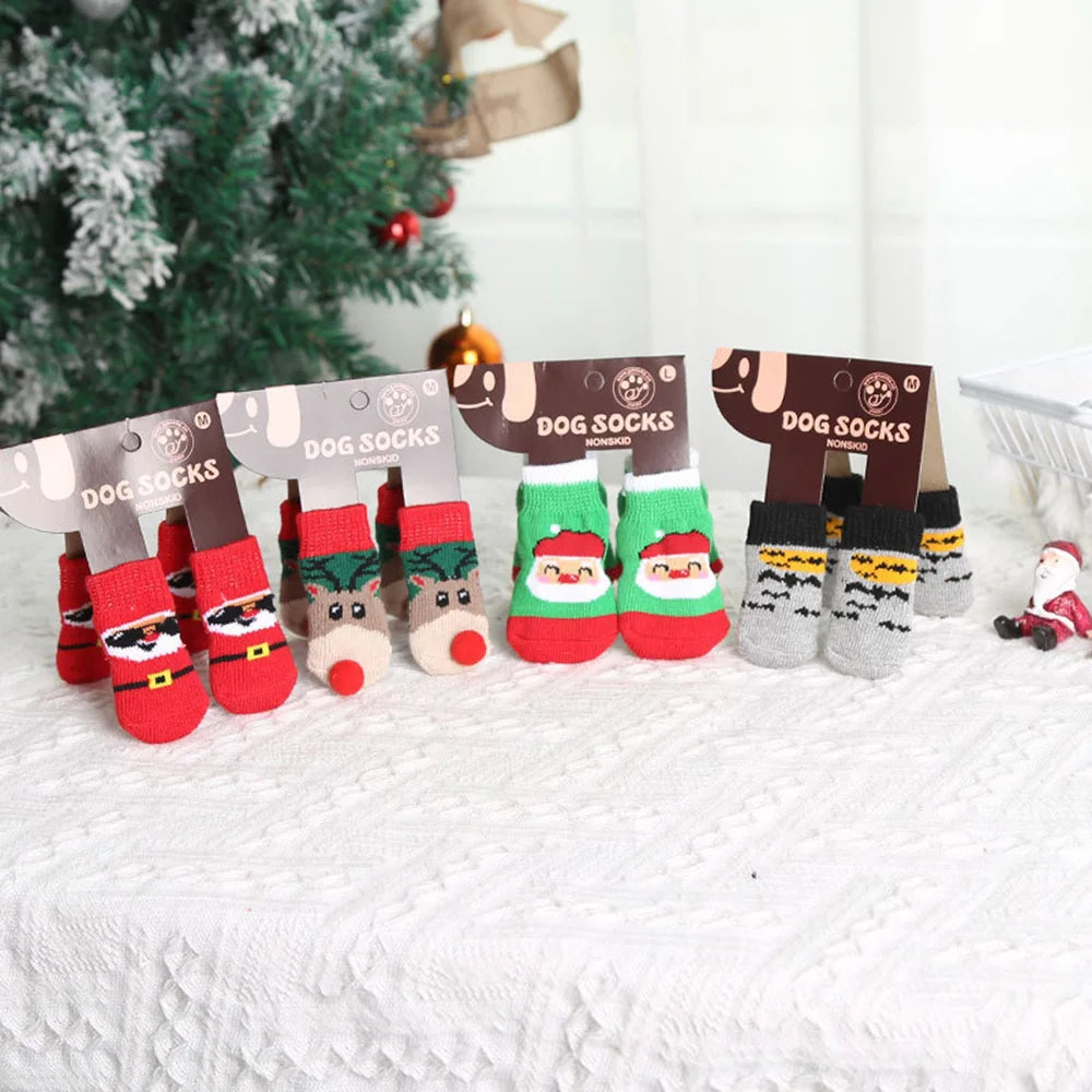 4pcs/set Winter Dog Socks Cute Pattern Foot Covers Warm Anti Slip Shoes Puppy Paw Protector Christmas Gift for Puppy Cat Dogs