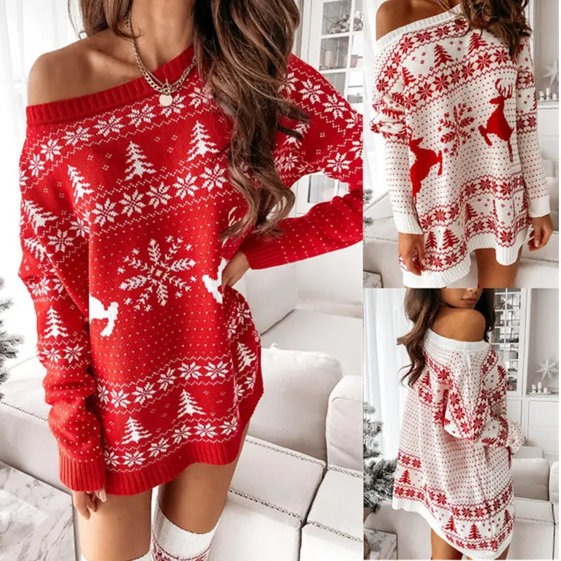 Christmas Fashion Print Knitted Slanted Neck Sweater Long Sleeve Autumn And Winter Versatile Long Pullover Pull En Maille Femme