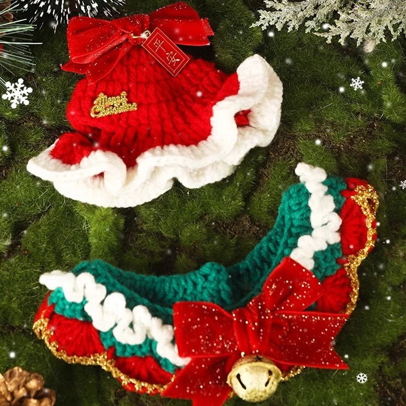 Pet Clothing Costume Christmas Cat Collar Hand-Knitted Pet Scarf Cute Xmas Kitty Santa Costume Clothing Christmas Party Supplies