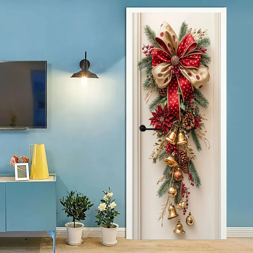 Christmas Wall Hanging Decoration – Red Bells & Green Leaves Holiday Decor
