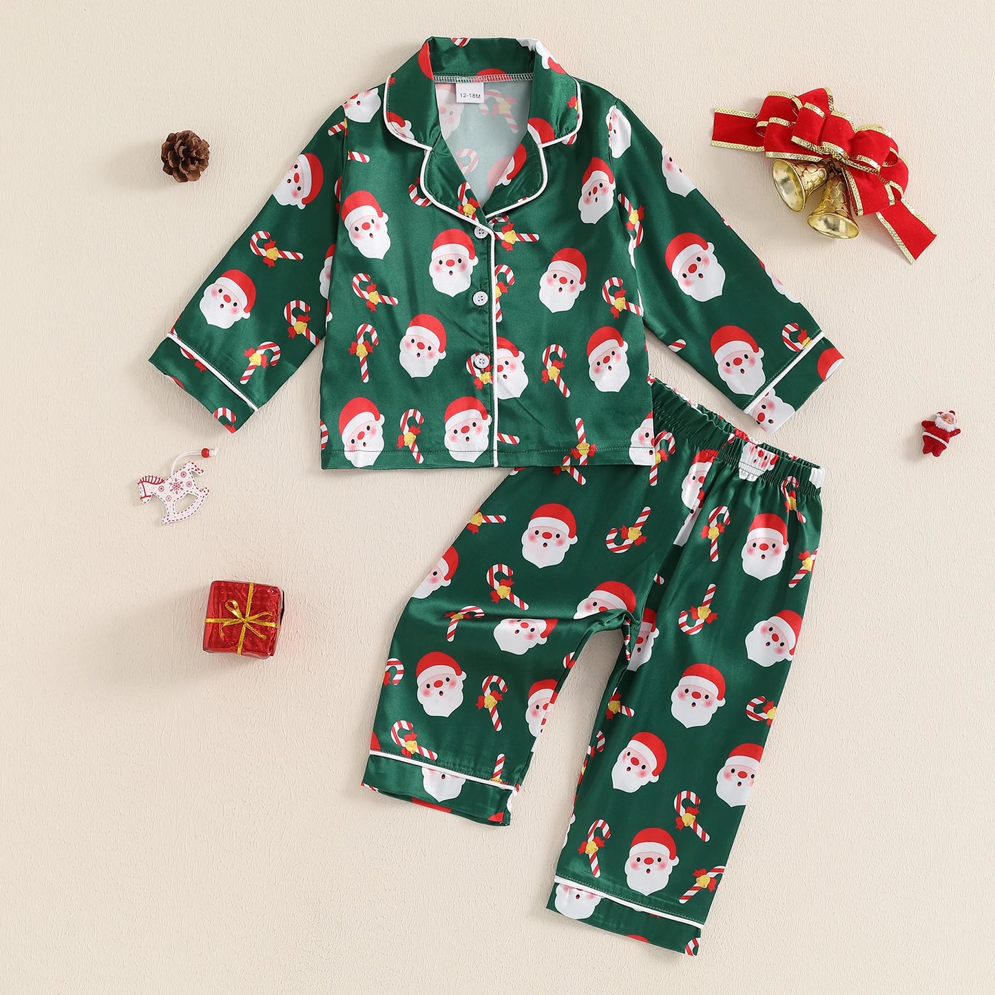 BeQeuewll Christmas Kids Girls Boys Pajamas Set Satin Santa Claus Button Children Sleepwear Long Sleeves Shirt Pants Loungewear