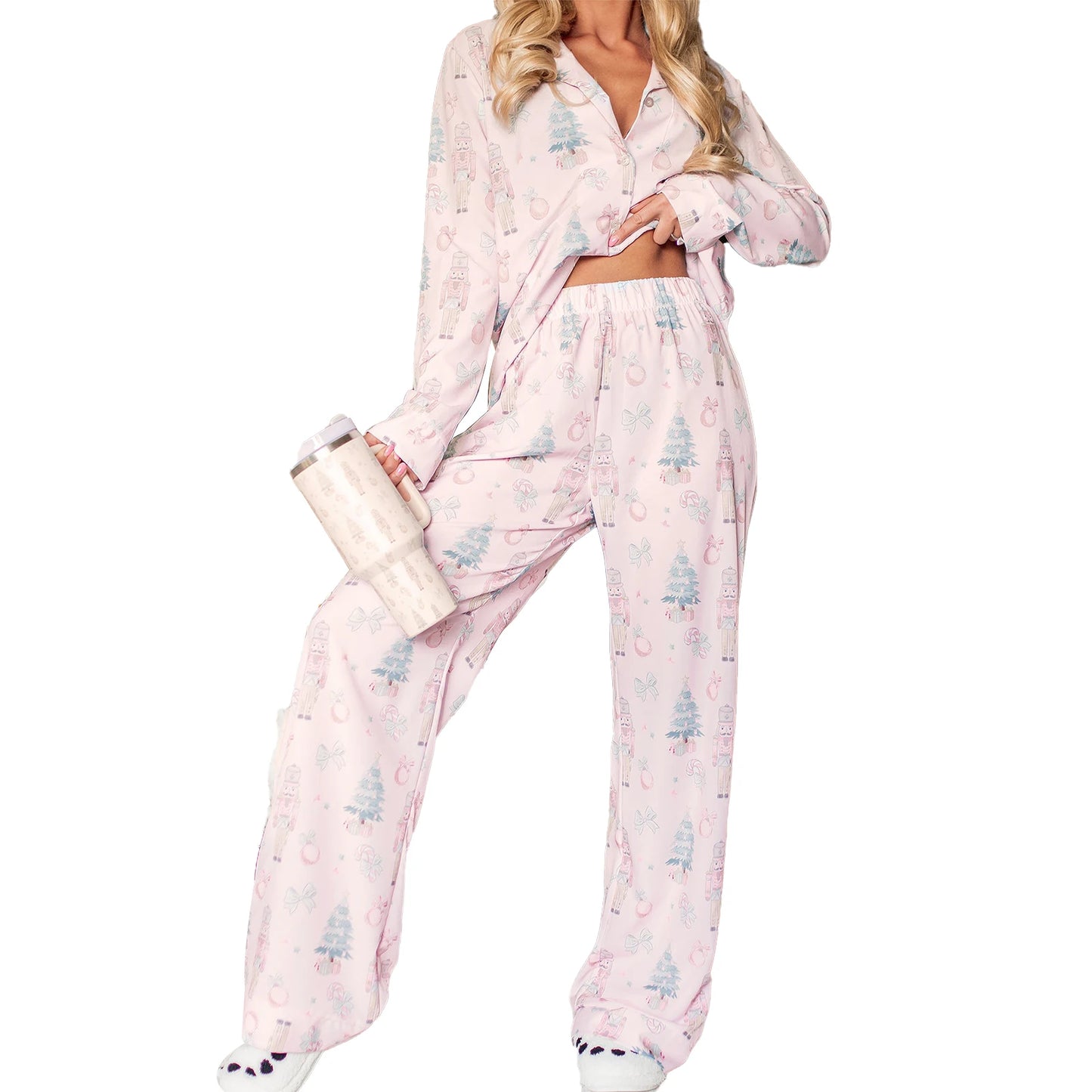 Womens Christmas 2Piece Pajamas Loungewear Set Santa/Tree/House Print Long Sleeve Tops+Elastic Pants Homewear Outfits