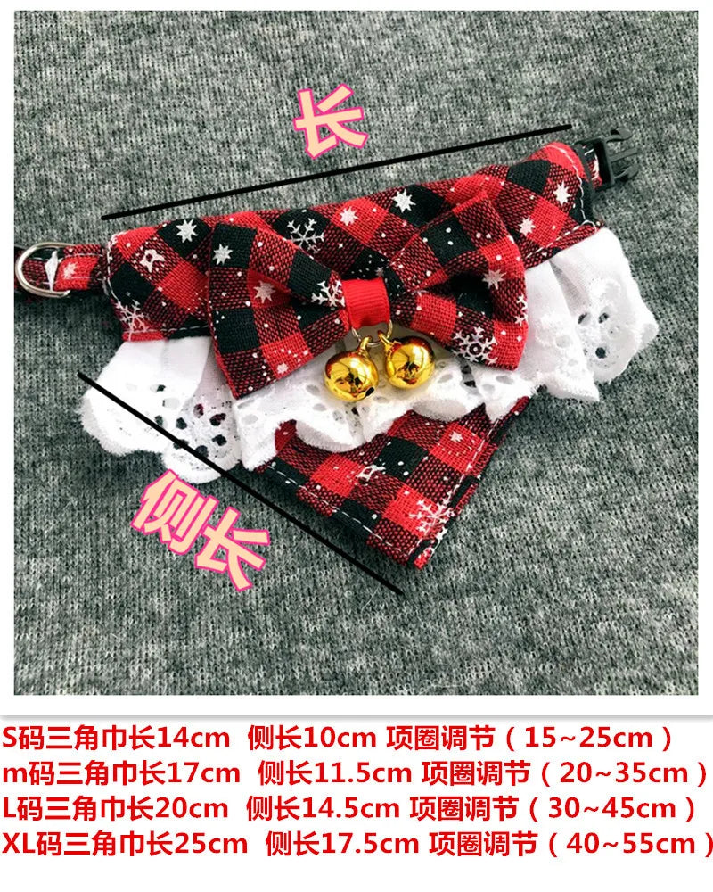 Pet Christmas Tie Bib Drool Towel Christmas Plaid Snowflake Triangle Scarf Bell Decoration Dog Accessories for Small Dogs Puppy