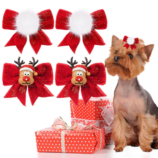 2PCS Dog Hair Clips For Christmas Party Red Style Dog Bows With Metal Clips Puppy Hair Accessories Cute Pet Supplies For Dogs