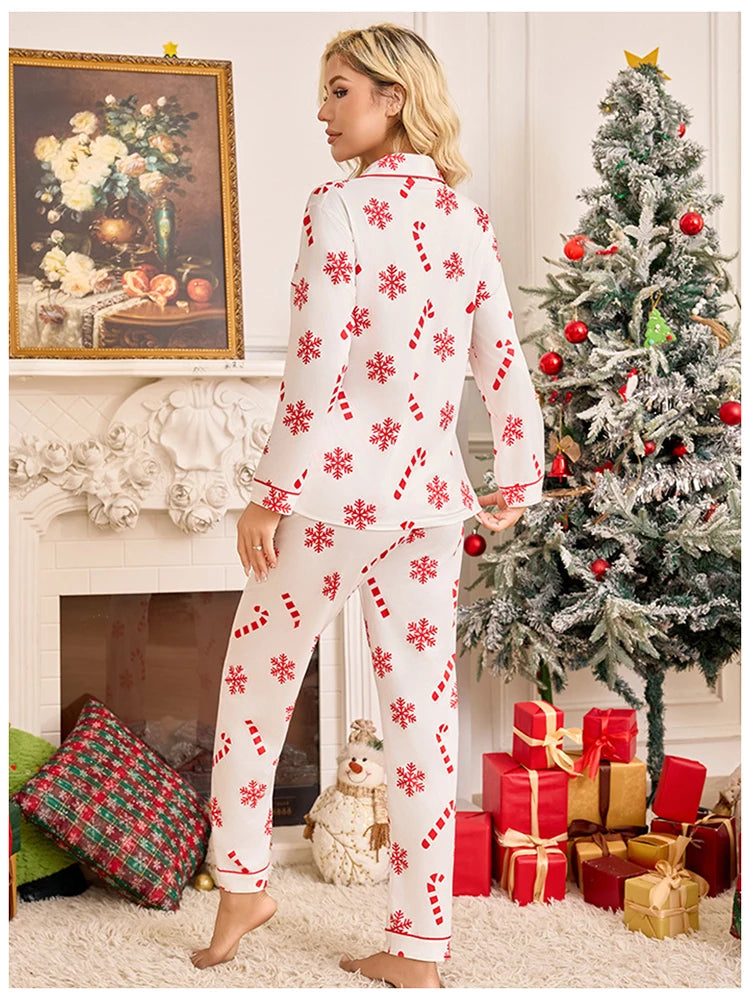 Meet'r New Year Christmas Long Sleeved Long Pants Home Clothes Underwear Snowflake print Pajamas Ladies' Comfortable Pajamas