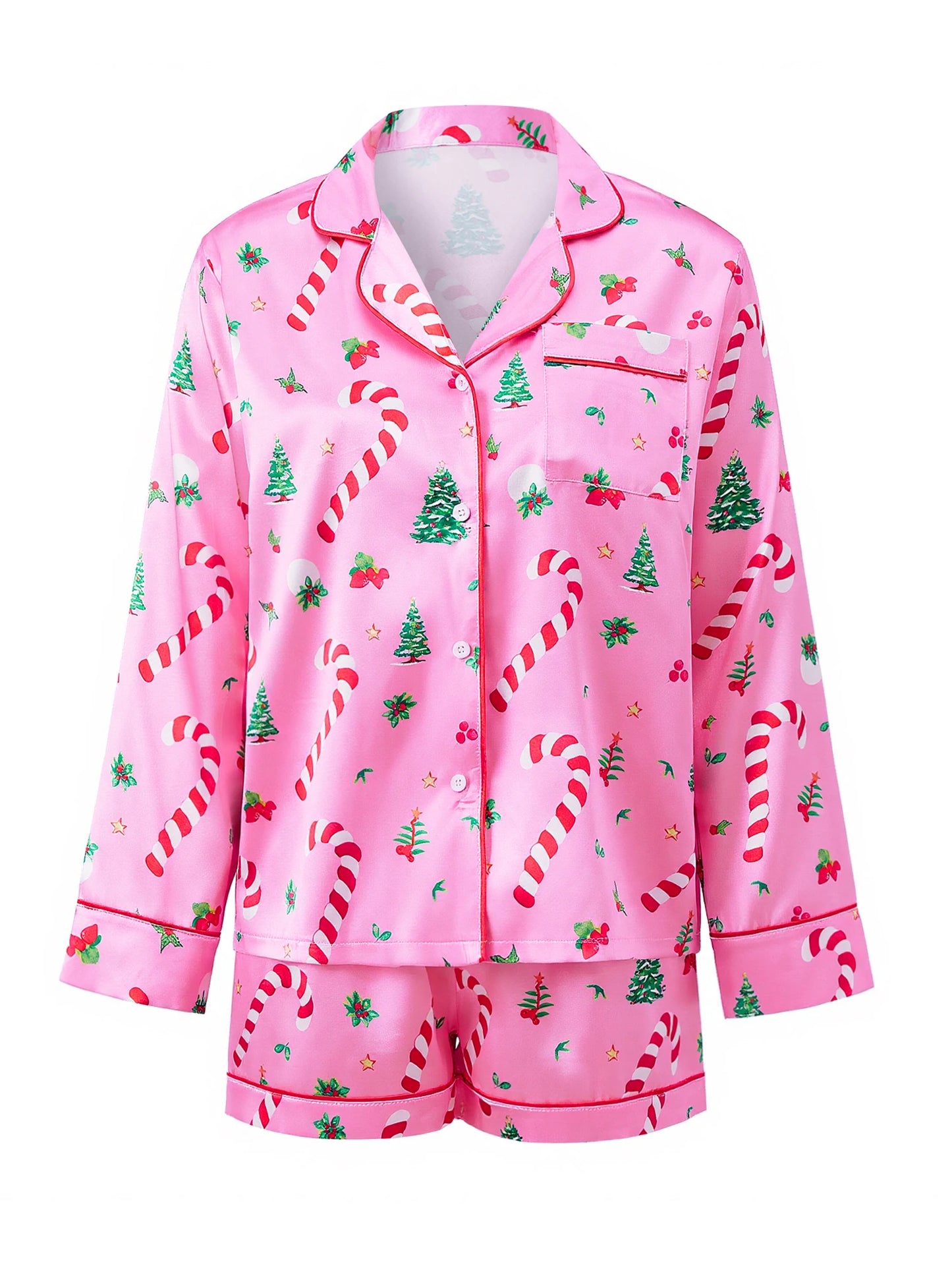 Women 2 Piece Christmas Pajama Set Printed Long Sleeve Button-up Tops and Elastic Waist Shorts