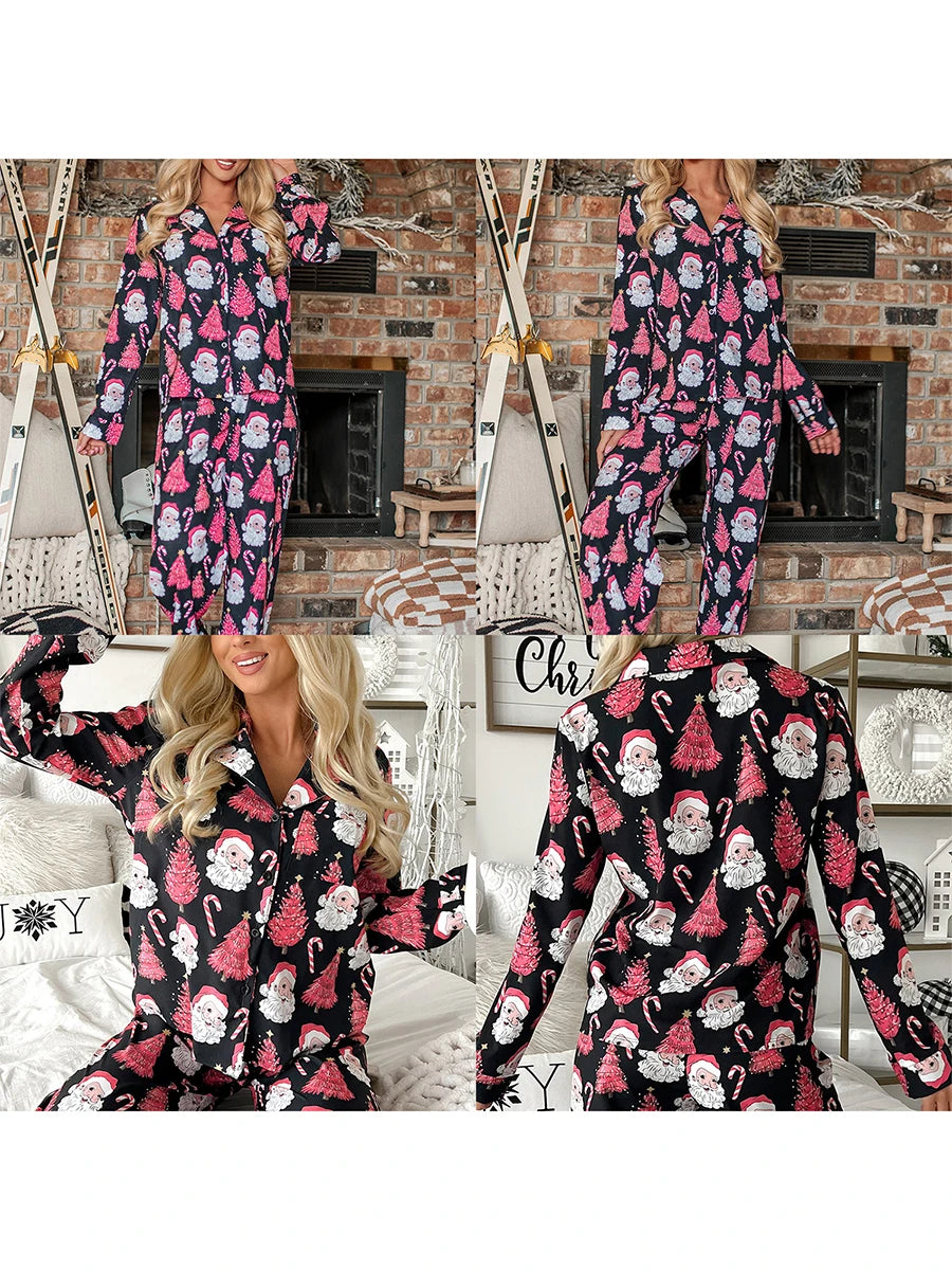Womens Christmas 2Piece Pajamas Loungewear Set Santa/Tree/House Print Long Sleeve Tops+Elastic Pants Homewear Outfits