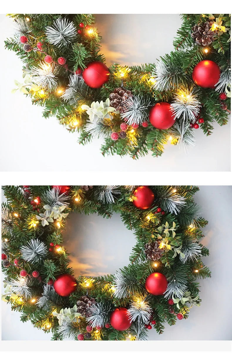 20-60cm Christmas Wreath with LED Fairy Light Door Hanging Garland Pine for Home Decorations Xmas Party Supplies Happy New Year