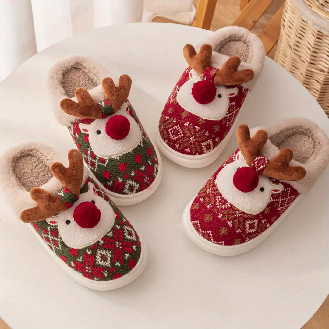 Christmas Reindeer Plush Slippers – Cozy Fleece-Lined Indoor Shoes for Couples