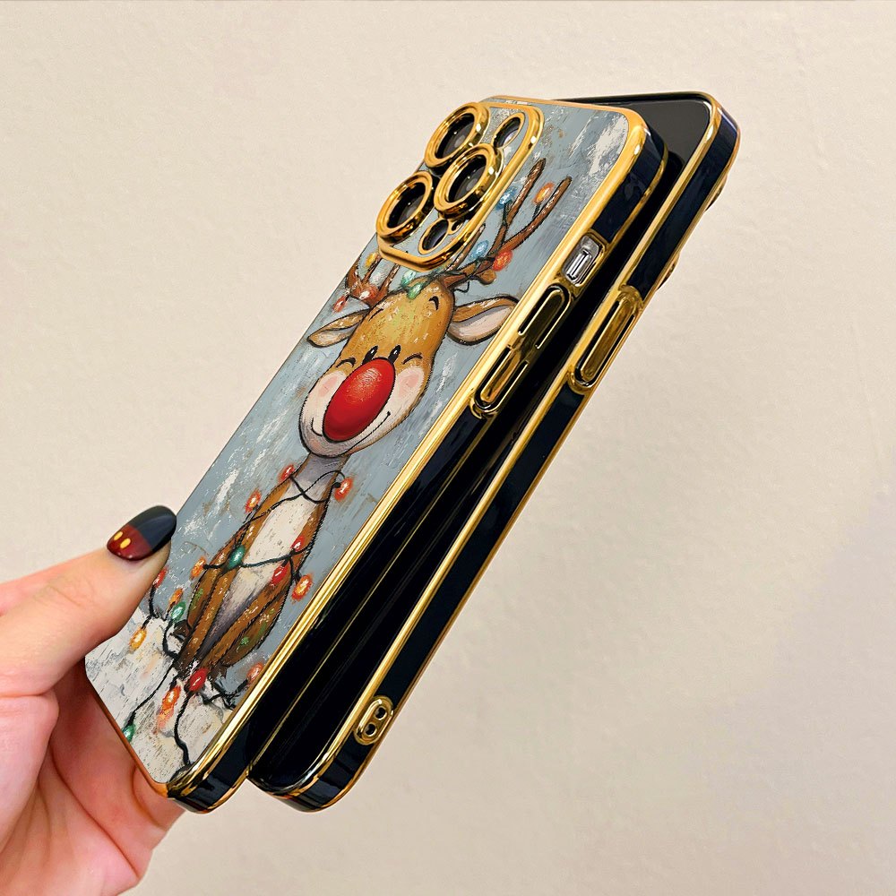 Festive hand-painted reindeer with colorful lights, warm winter vibe | PC hard case | Premium electroplating, lightweight design, comfortable grip highlights personality | Compatible with iPhone 17/ 16/ 15/ 14/ 13/ 12/ 11 Pro