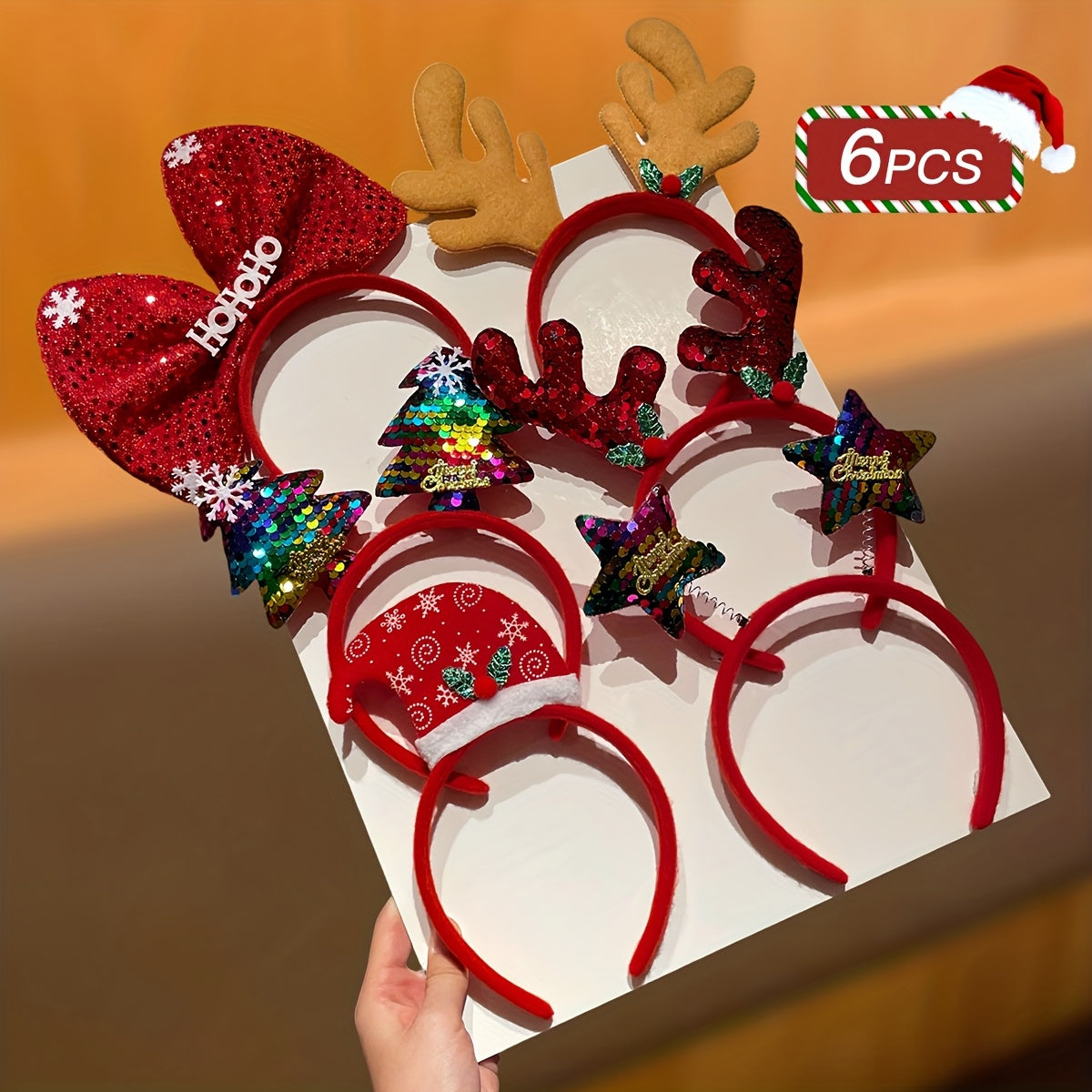 6pcs Women's Fashion Elegant Cute Christmas Hair Accessories, Sparkly Reindeer Antler Bow Headband, Christmas Decor, Party Cosplay, Women's Hair Ornaments, Christmas Gift, Christmas Decorations, Holiday Party Accessories, Spa